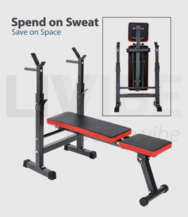 Foldabe home workout bench with dip station and rack for bench press. It also enables effective sit ups for strong core development.