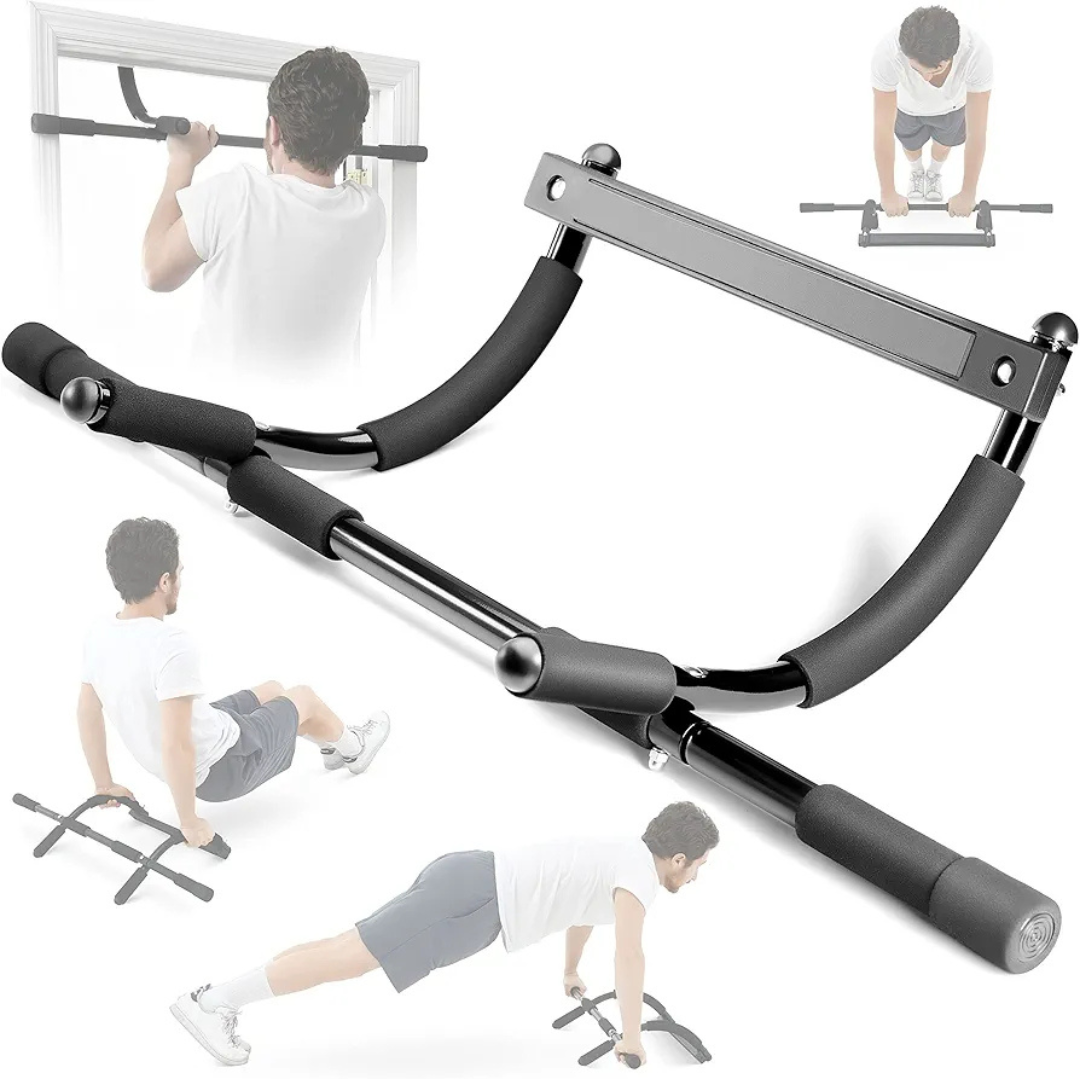 3 door-mounted chin-up bar, home workout equipment, pull-up bar, multi-functional chin-up bar, portable fitness bar, no-drill workout bar, non-slip foam grips, adjustable grip bar, space-saving gym equipment, home strength training, doorway exercise bar, compact fitness tool, beginner-friendly pull-up bar