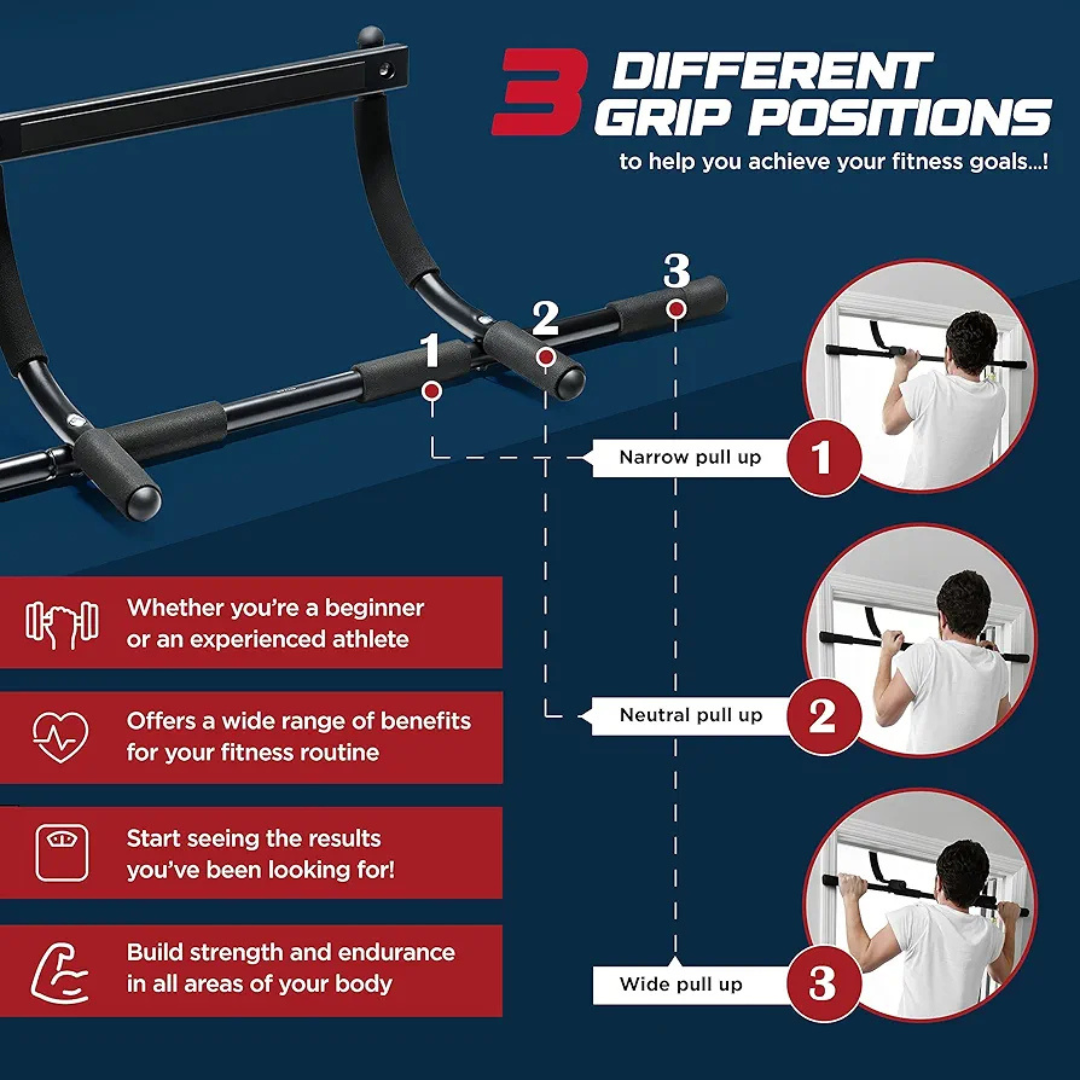 5 door-mounted chin-up bar, home workout equipment, pull-up bar, multi-functional chin-up bar, portable fitness bar, no-drill workout bar, non-slip foam grips, adjustable grip bar, space-saving gym equipment, home strength training, doorway exercise bar, compact fitness tool, beginner-friendly pull-up bar