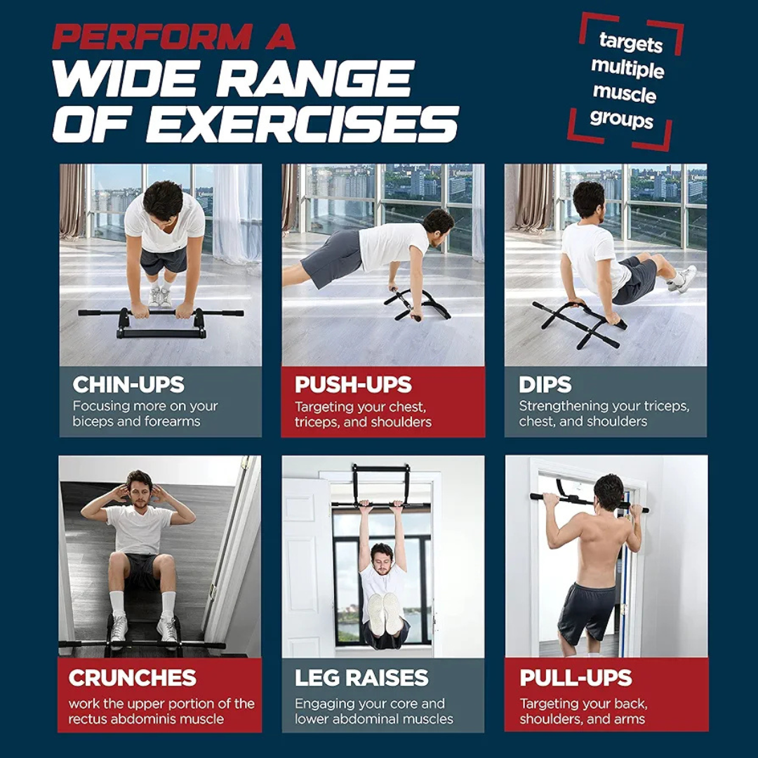 6 door-mounted chin-up bar, home workout equipment, pull-up bar, multi-functional chin-up bar, portable fitness bar, no-drill workout bar, non-slip foam grips, adjustable grip bar, space-saving gym equipment, home strength training, doorway exercise bar, compact fitness tool, beginner-friendly pull-up bar