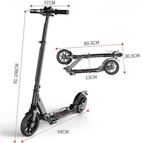manual folding scooter, adjustable height scooter, adult and kids scooter, dual brake scooter, disk brake scooter, portable kick scooter, commuter scooter, shock-absorbing scooter, foldable urban scooter, non-electric scooter