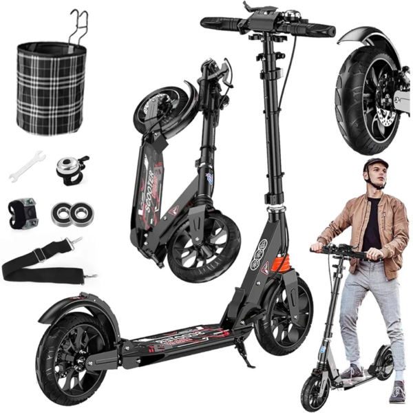 manual folding scooter, adjustable height scooter, adult and kids scooter, dual brake scooter, disk brake scooter, portable kick scooter, commuter scooter, shock-absorbing scooter, foldable urban scooter, non-electric scooter