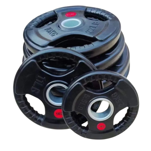 Olympic plates, weight plates, tri-grip design, durable fitness equipment, rubber-coated plates, strength training, home gym essentials, gym weights, barbell plates, heavy-duty weight plates.