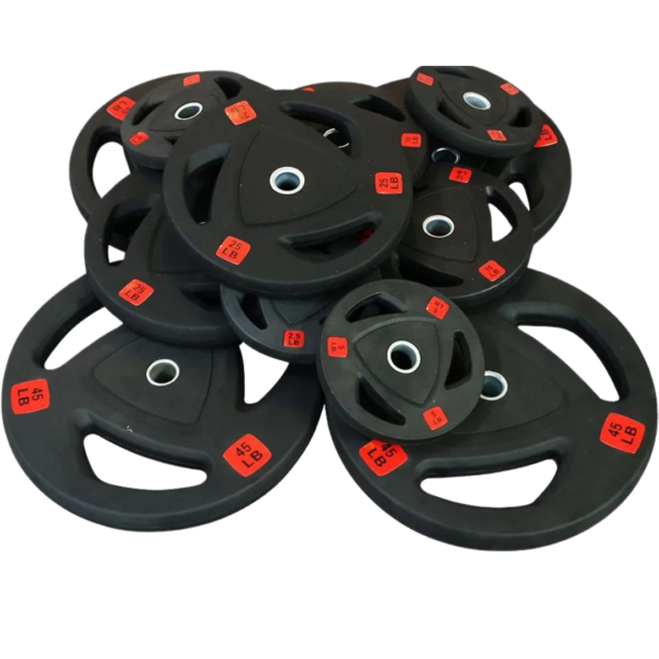 Olympic plates, weight plates, tri-grip design, durable fitness equipment, rubber-coated plates, strength training, home gym essentials, gym weights, barbell plates, heavy-duty weight plates.