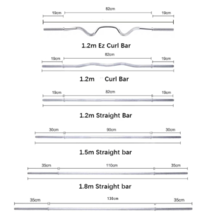 Standard barbells, 1.2m straight bar, 1.2m E-Z curl bar, 1.5m barbell, 1.8m straight bar, 2m straight bar, steel barbells, knurled grips, strength training, weightlifting bars, gym equipment.