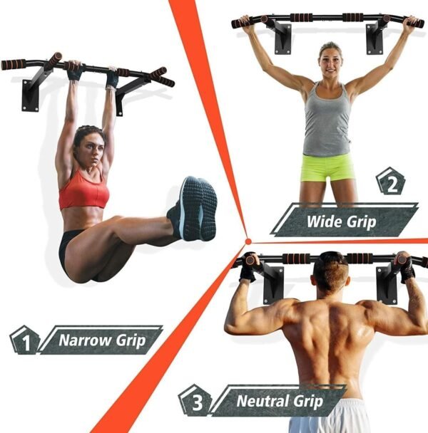 wall-mounted pull-up bar, heavy-duty pull-up bar, home gym equipment, pull-up bar with grips, compact fitness gear, upper body workout bar, versatile pull-up bar, core strengthening tool, multi-grip pull-up bar, strength training equipment, durable pull-up bar, wall-mounted gym bar