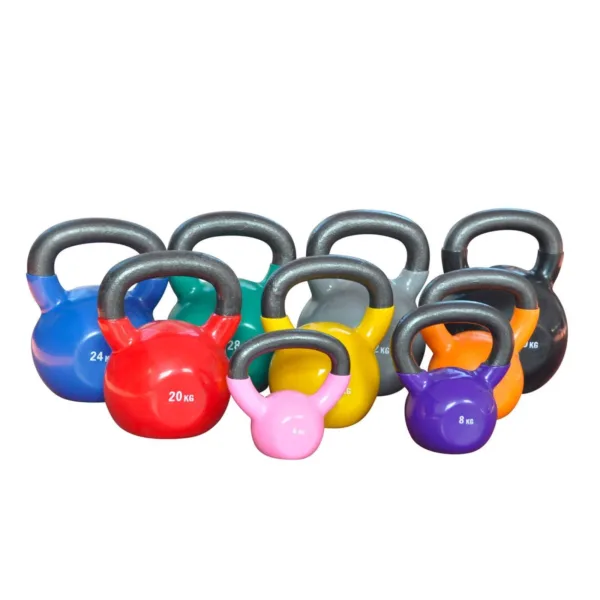 Vinyl kettlebell, cast iron kettlebell, 4 kg to 30 kg kettlebell, kettlebell set, strength training, non-slip kettlebell, ergonomic kettlebell, color-coded kettlebells, home gym equipment, functional fitness, durable kettlebell.
