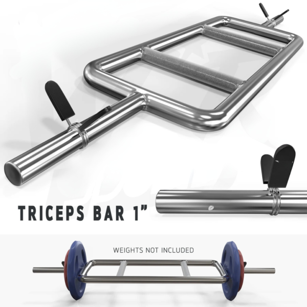 standard tricep bar, chrome tricep bar, steel curl bar, gym arm bar, 1-inch tricep bar, triceps workout bar, ergonomic grip bar, strength training bar, upper body barbell, compact weight bar, spin-lock weight bar, fitness accessories, weightlifting gear