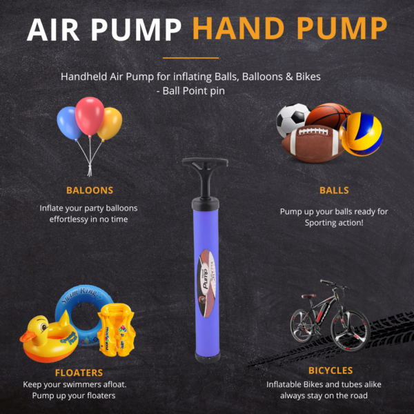 hand pump, portable air pump, ball inflator, bicycle pump, balloon pump, sports accessories, compact air pump, travel-friendly inflator, manual air pump, durable hand pump, quick inflation, ergonomic design