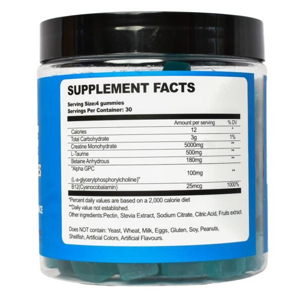Creatine gummies, muscle growth, endurance, recovery, strength, fitness supplement, monohydrate, gym support, workout boost, fruity gummies