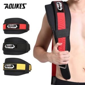Aolikes gym belt, weightlifting belt, fabric gym belt, adjustable gym belt, back support belt, contoured gym belt, breathable lifting belt, fitness support belt, Velcro strap gym belt, lightweight lifting belt.