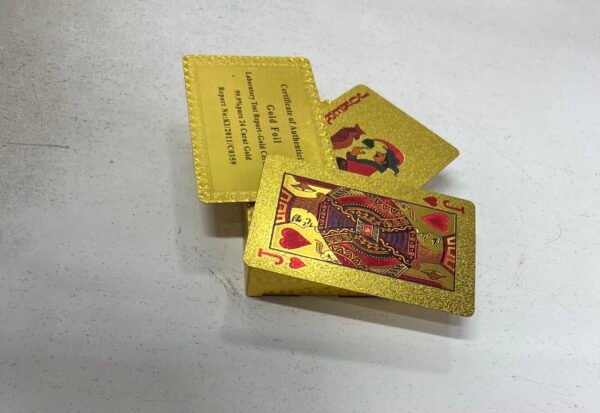 gold plastic playing cards, waterproof playing cards, luxury playing cards, durable plastic cards, stylish playing cards, poker cards, blackjack cards, card game accessory, unique playing cards