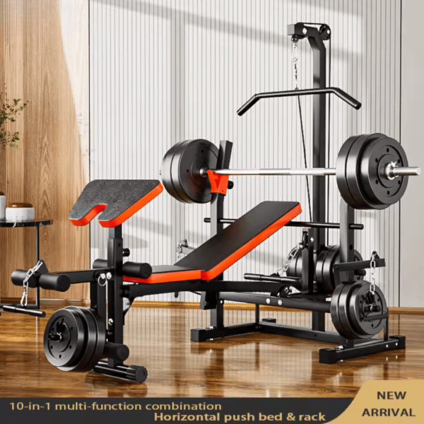 multifunction pulley bench, adjustable workout bench, home gym equipment, strength training bench, compact fitness bench, ergonomic gym bench, seated rowing bench, high dropdown bench, durable steel frame bench, full-body workout bench, multifunctional exercise bench, kick function workout bench.