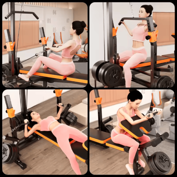 multifunction pulley bench, adjustable workout bench, home gym equipment, strength training bench, compact fitness bench, ergonomic gym bench, seated rowing bench, high dropdown bench, durable steel frame bench, full-body workout bench, multifunctional exercise bench, kick function workout bench.