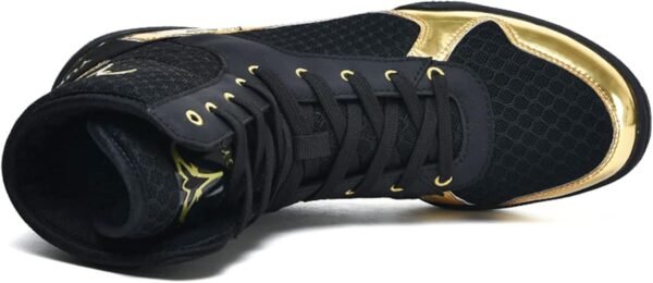 Boxing ring boots, lightweight boxing shoes, breathable boxing boots, boxing footwear, non-slip ring shoes, high-performance boxing boots, comfortable boxing boots, stylish black and gold boxing boots, professional boxing boots
