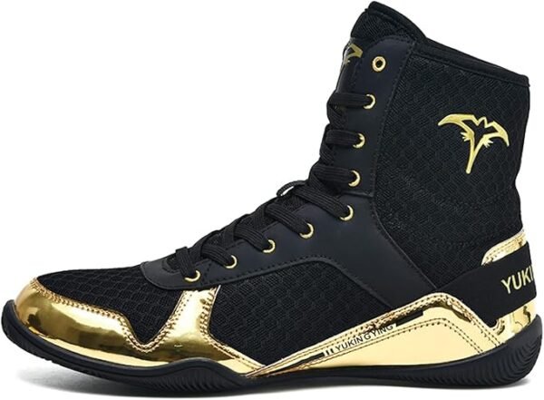 Boxing ring boots, lightweight boxing shoes, breathable boxing boots, boxing footwear, non-slip ring shoes, high-performance boxing boots, comfortable boxing boots, stylish black and gold boxing boots, professional boxing boots