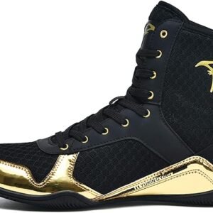 Boxing ring boots, lightweight boxing shoes, breathable boxing boots, boxing footwear, non-slip ring shoes, high-performance boxing boots, comfortable boxing boots, stylish black and gold boxing boots, professional boxing boots