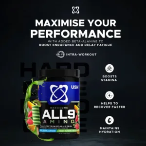 USN, Hardcore All 9 Amino, EAAs, Tigers Blood, Fruit Fusion Twist, Amino Acids, Muscle Recovery, Intra-Workout, Electrolytes, 390g, Sugar-Free, BCAA, Muscle Growth, Hydration, Fitness Supplement, Bodybuilding, Endurance, Protein Synthesis, Amino Powder, Workout Supplement
